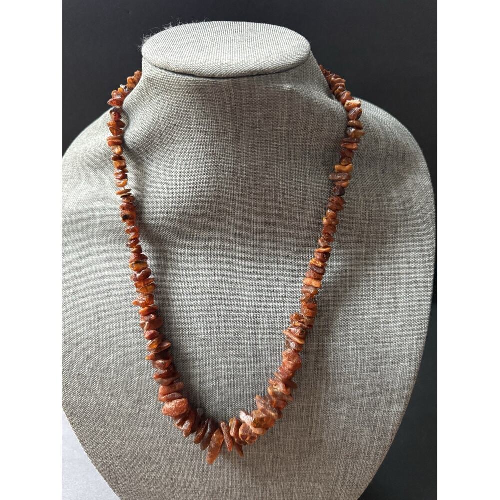 Vintage Amber Chip Necklace Beaded Strand Honey Brown Boho 25” Hippie Festival
